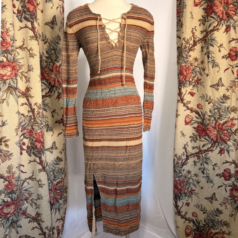 Ralph Lauren Stunning striped Knit Maxi Dress with Lace Up detail Earth Tone